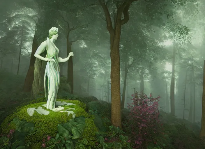 Prompt: a portrait of idealistic marble statue with fractal flowery hair and fair porcelain face and green eyes, in a magical forest, painted by, mc escher, gordon onslow ford, georgia o'keeffe and ivan aivazovsky, cinematic light, god rays, colourful, watercolour, unreal engine, zbrush central,