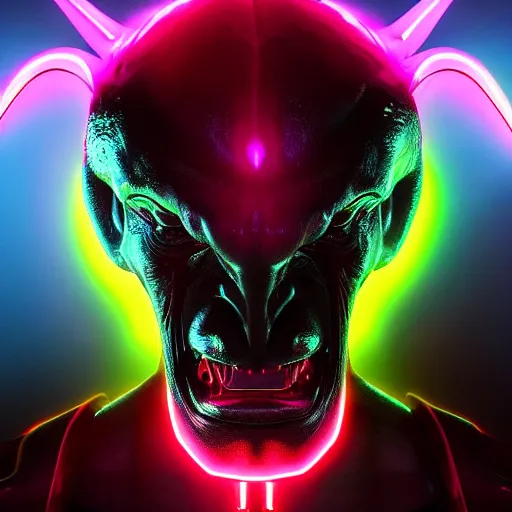 Image similar to synthwave demonic alien face with neon horns, detailed face, sharp focus, synthwave art, aesthetic, octane render, raw, cinematic