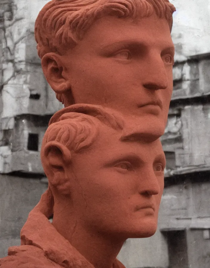 Prompt: vintage color photo of a vitalik buterin terracotta sculpture, image by werner herzog