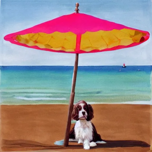 Image similar to cute brown spaniel by the seaside, parasols, bright towels, geometric, pop, bright, artwork