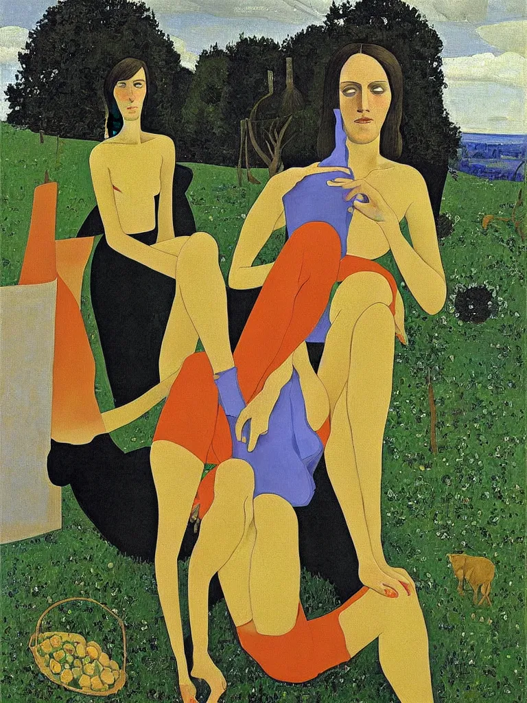 Image similar to a painted portrait of a women outdoors by felice casorati, aesthetically pleasing and harmonious colors, expressionism