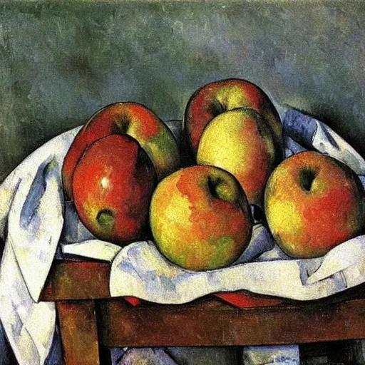 Prompt: a basket of red and green apples on a wooden table, oil painting by paul cezanne