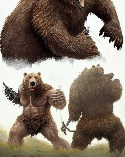 Prompt: anthropomorphic rugged grizzly bear!!! with furry!! oversized barbarian muscular armored upper body, action battle pose,long hair, 👅 👅 , D&D, fantasy, intricate, elegant, highly detailed, digital painting, artstation, concept art, smooth, sharp focus, illustration, art by artgerm and beeple and greg rutkowski and alphonse mucha