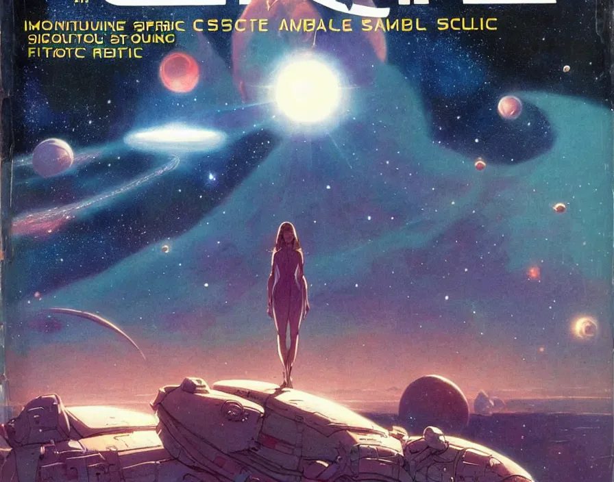 Image similar to illustrated by moebius and greg rutkowski, romantic!!! space scene!! with standing young girl!!!!, orbit of earth!, futuristic orbital station!!!!, nebulae!!, starry sky!!, rule of third!!!!, vintage cover of sci - fi magazine, cinematic!!