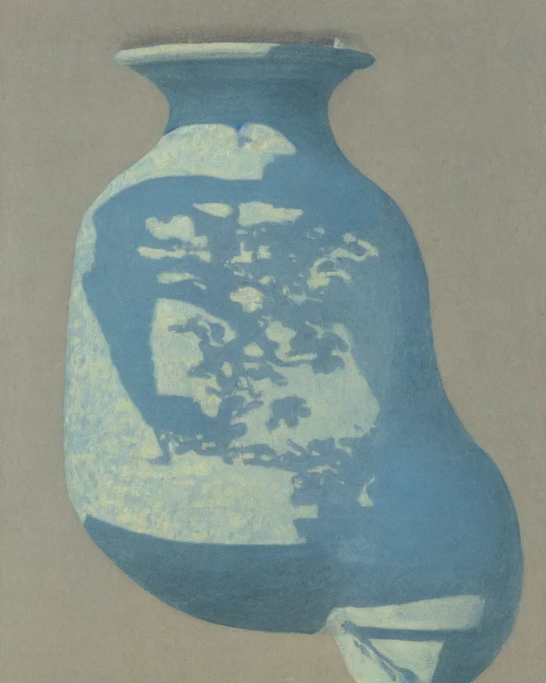 Image similar to achingly beautiful print of solitary painted ancient greek vase on baby blue background by rene magritte, monet, and turner. symmetrical, shaded.