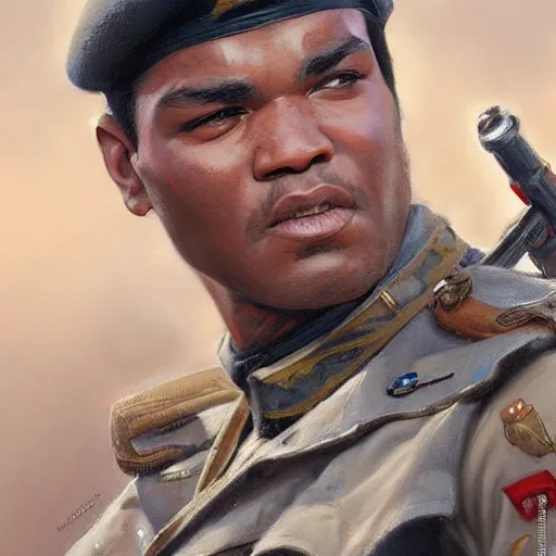 Prompt: Mohammed Ali as a soldier, closeup character art by Donato Giancola, Craig Mullins, digital art, trending on artstation