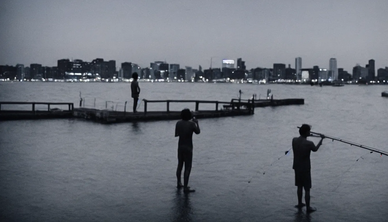 Image similar to 80s asian neon movie still with a lone man fishing on a pier by the river at night with city lights behind his back. Fallen angels movie still. hyperrealistic, photorealistic, high definition, medium format photography, highly detailed, tehnicolor, anamorphic 50mm lens