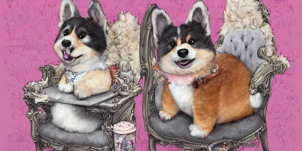 Prompt: highly detailed painting of a cute fluffy graffiti hiphop corgi king chilling on his throne, by Anna Dittmann and Hikari Shimoda , trending on Artstation, 8k, masterpiece, intricate detail