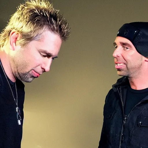 Prompt: chad robert kroeger of nickelback looking at a mystery object on someone's head