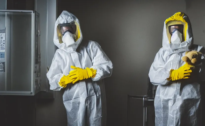 Prompt: a person in a yellow hazmat suit handling a teddy bear with oversized gloves in a dark laboratory, hazy atmosphere, sharp focus, moody lighting, imax, dystopian