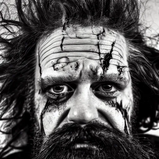 Image similar to film still photo portrait of a crazed homeless beaten up ronald mcdonald with heavy wrinkles and a beard, realistic, hyperrealistic, 8 k resolution, hd quality, very detailed, highly detailed, intricate details, real life, real world, trending on artstation, digital art, really realistic, very realistic, headshot, head in frame, photograph, portrait