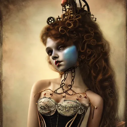 Prompt: photorealistic soft paint of a curiosities carnival, single young beautiful doll in a full steampunk corset, multiples very long tentacles ground, symmetry accurate features, ominous depths, elegance, focus, rainbow lighting, very high details, award winning masterpiece, behance, by tom bagshaw