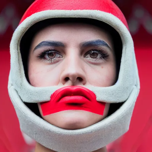 Image similar to highly detailed portrait photography directed gaze of a sharp face, wearing a red visor mask, chapped lips, 105mm f2.8 at the grand budapest hotel