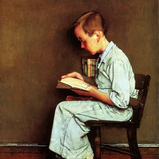 Prompt: norman rockwell painting of a person reading a book