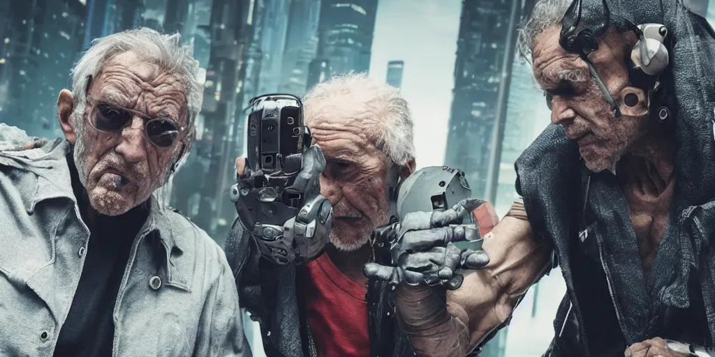 Image similar to cyberpunk buff old man fighting Deadcode humanoid robot Emmanuel Lubezki