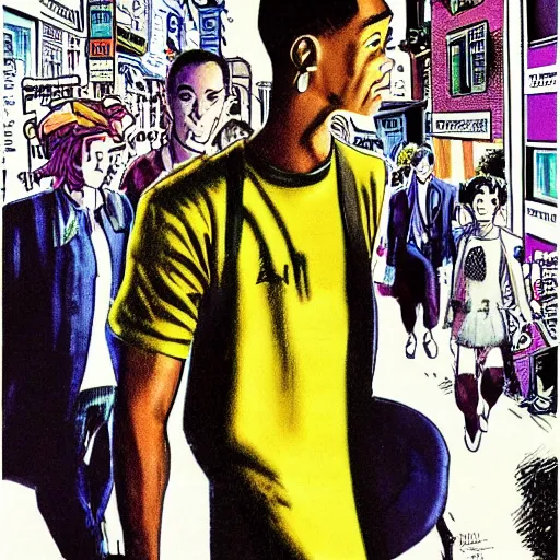 Image similar to glossy old advertising poster, young will smith walking through crowded bel air street, drawn comic by junji ito, pastels, gradient