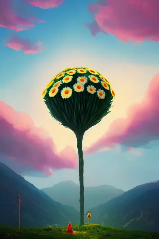 Image similar to giant daisy flower head, in the mountains, surreal photography, sunrise, dramatic light, impressionist painting, colorful clouds, digital painting, artstation, simon stalenhag