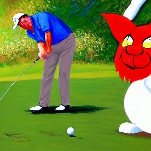 Image similar to dave chizzy chisnall playing golf with snarf from thundercats, as painted by claude monet