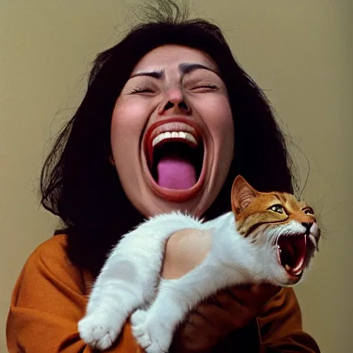 Prompt: egptian heiroglyphics depicting a woman screaming at a cat, high quality photograph, kodachrome film, 1 9 8 9