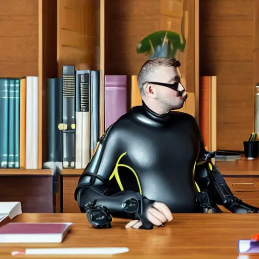 Prompt: portrait of lawyer in his office wearing wet scuba gear. he is offering a contract to sign. photorealistic. dramatic lighting. 4 k. high quality digital art.