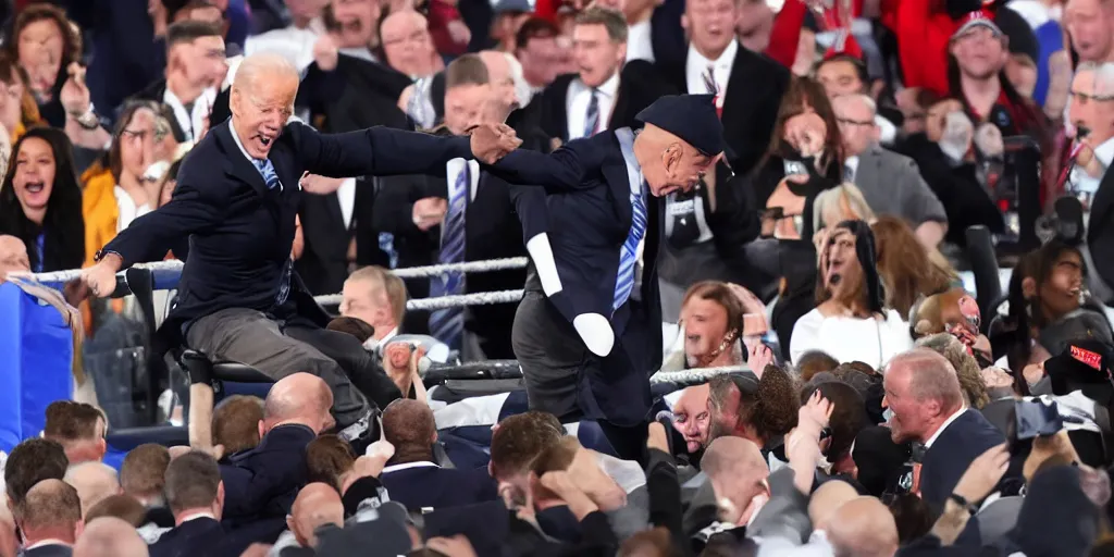 Image similar to joe biden hit with chair at wrestlemania, detailed facial expressions, hyper detailed