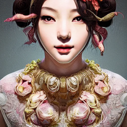 Prompt: the portrait of an incredibly beautiful, graceful, elegant, and sophisticated young gravure idol made of garlic bulbs and, an ultrafine detailed illustration by kim jung gi, irakli nadar, intricate linework, bright colors, octopath traveler, final fantasy, angular, unreal engine highly rendered, global illumination, radiant light, detailed and intricate environment