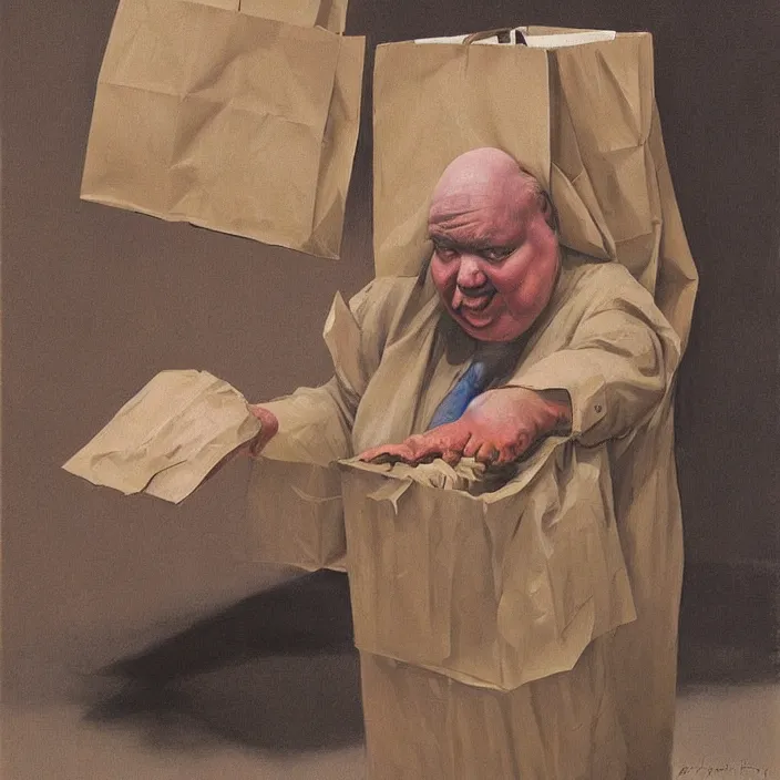 Prompt: melted old fat man portrait with a paper bag over the head, in paper bag clothing, holding a stack of paper bags, highly detailed, artstation, edward hopper, art by zdislav beksinski, wayne barlowe, edward hopper