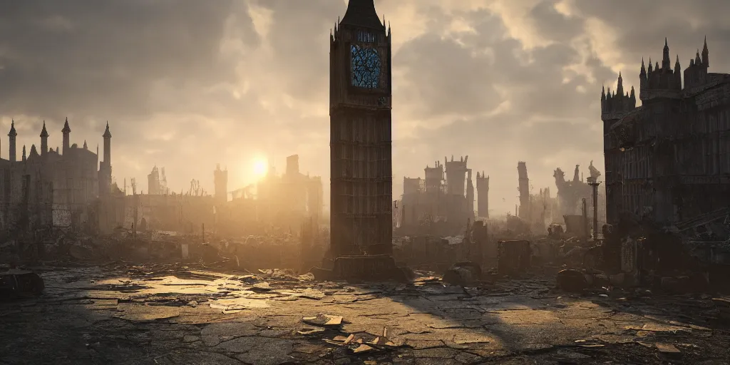 Prompt: a destroyed clock tower in a destroyed London at sunrise, ruins, clouds in the sky, concept art, octane render, unreal engine 5, trending on Artstation, high quality, 8K, soft lighting, highly detailed, trending on DeviantArt, mossy, apocaliptic, serene landscape, beautiful, cgsociety