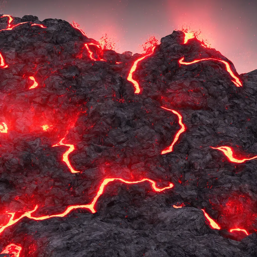 Image similar to satanic mountain goats with glowing red eyes on a sheer obsidian cliffside with lavaflow, lava waterfalls, photorealistic landscape render, octane render, vray, pools of lava, beautiful, ambient occlusion, particle effects, breaking ocean waves, light bloom, rtx