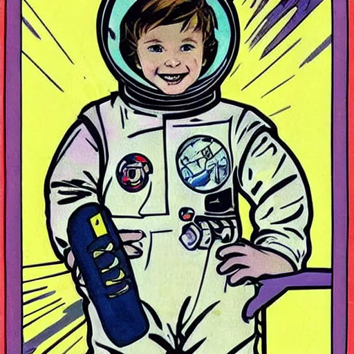 Image similar to a cute little boy with a mischievous face and short ginger hair. he is dressed as an astronaut. well composed, clean elegant painting, beautiful detailed face. comic book art by steve ditko and jack kirby and ( alphonse mucha )