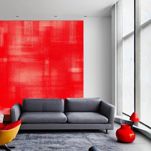 Image similar to interior of an apartment, modern minimal design, abstract painting as wallpaper texture, red, yellow, vivid colors, photorealist, 4 k