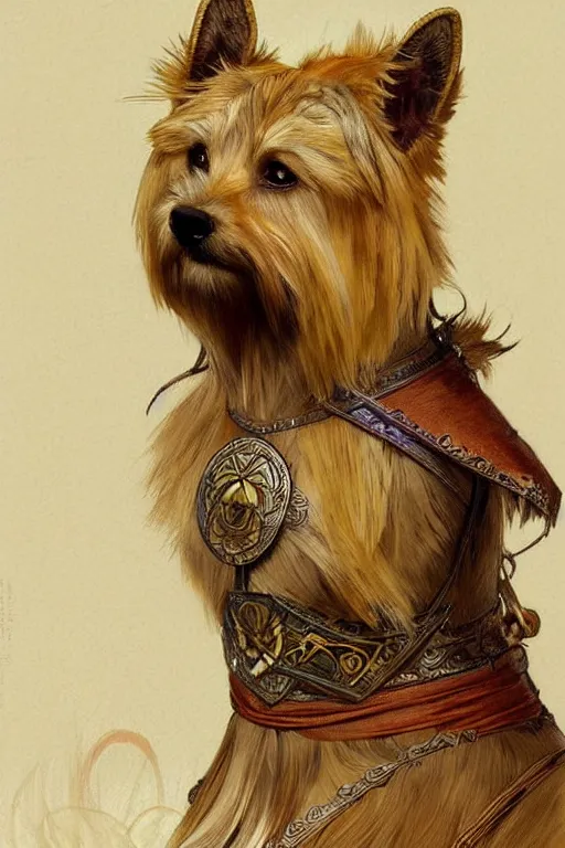 Image similar to norwich terrier as an Viking vwarrior, fantasy, long hair, intricate, elegant, highly detailed, digital painting, artstation, concept art, smooth, sharp focus, illustration, art by alphonse mucha