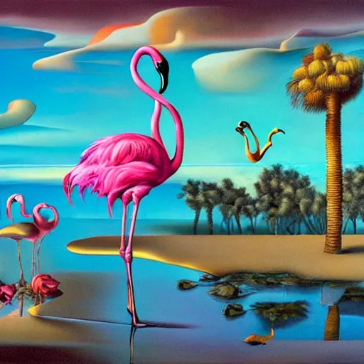 Image similar to A surreal oil painting of a puzzle containing a beautiful woman and Flamingos on a desert beach oasis by Salvador Dali, dark vibes, pastel lighting, high contrast, cinematic, depth of field