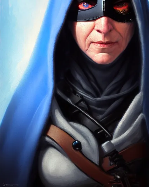 Image similar to ana from overwatch, blue hooded cloak, eye patch, black eye patch over one eye, older woman, character portrait, portrait, close up, highly detailed, intricate detail, amazing detail, sharp focus, vintage fantasy art, vintage sci - fi art, radiant light, caustics, by boris vallejo