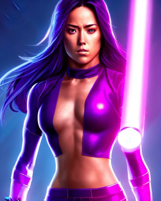 Prompt: Psylocke Chloe Bennet long hair, holding purple Halo energy sword, realistic character concept, action pose, comic book, illustration, slender symmetrical face and body, artstation, cinematic lighting, hyperdetailed, artgerm, 8k, Rafeal Albuquerque comic book art, single face, insanely detailed and intricate, beautiful