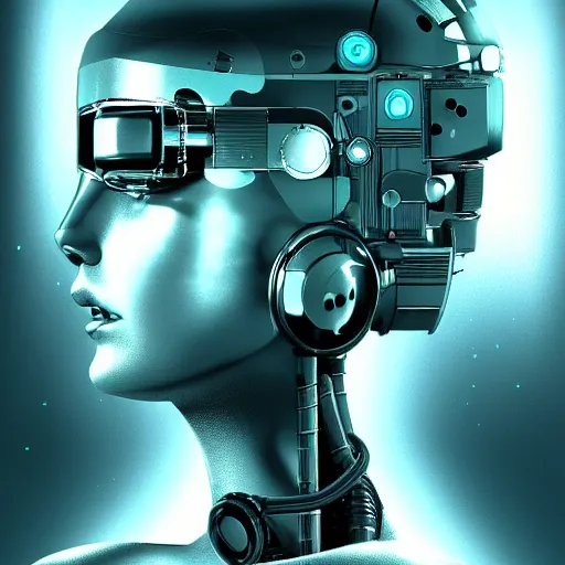 Prompt: retro vintage sci - fi, female cyborg robot wearing vr headset, 3 d illutration, profile portrait, night, detailed, cyberpunk style,