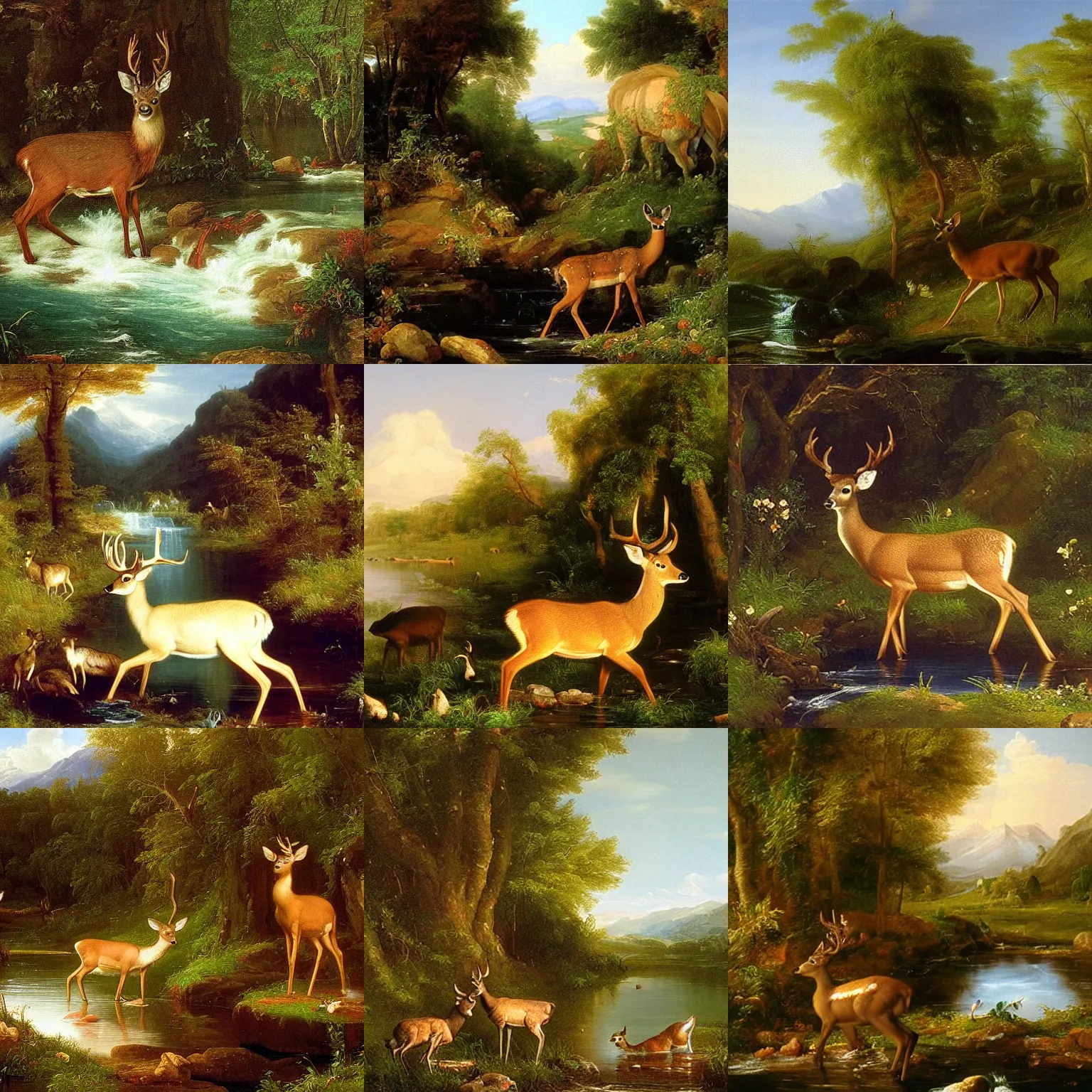 Image similar to a deer comes to drink from the stream. the deer is a metaphor for innocence. it is pure and untouched by the harshness of the world. it is gentle and fragile. an oil painting by thomas cole