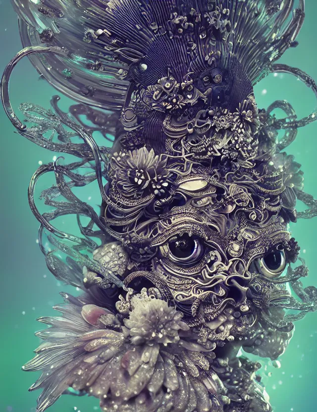 Image similar to goddess macro close - up portrait wigh crown made of ram skull. beautiful intricately detailed japanese crow kitsune mask and clasical japanese kimono. betta fish, jellyfish phoenix, bioluminiscent, plasma, ice, water, wind, creature, super intricate ornaments artwork by tooth wu and wlop and beeple and greg rutkowski