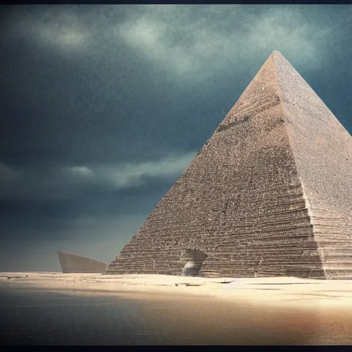 Image similar to highly detailed concept art 8 k brutalist pyramid in the ocean storm octane render blender