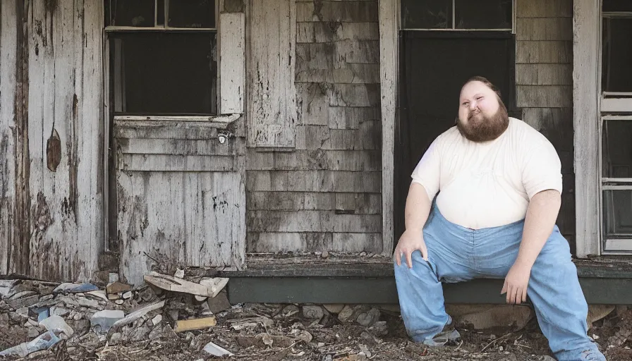 Image similar to close up portrait of fat redneck man sitting on front porch of dilapidated house, award winning, kodak gold 2 0 0,