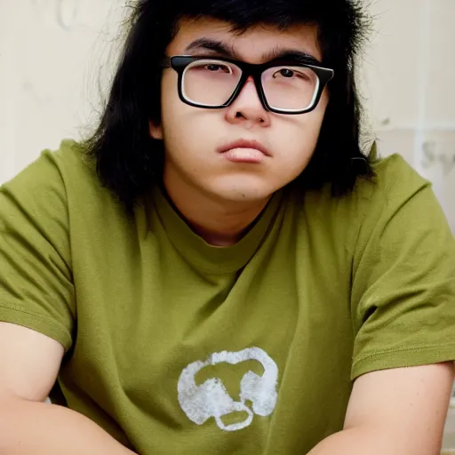Prompt: portrait of depressed teen, ugly, nerds, hair looks like a helmet, straight stiff dry damaged hair, male, glasses, malaysian, asian, medium hair, oval face, olive skin color