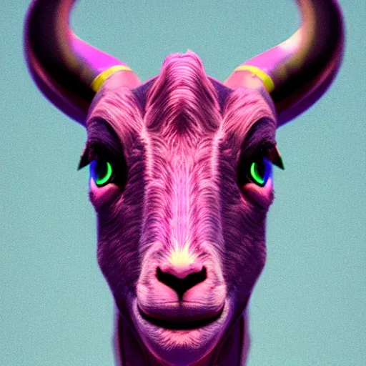 Image similar to synthwave goat face, detailed face, sharp focus, synthwave art, aesthetic, octane render