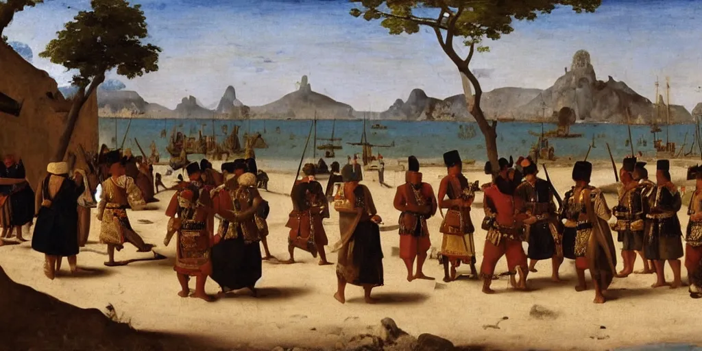 Image similar to arrival of javanese jonk on shores of mexico, majapahit soldiers meeting the aztec leaders on a beach in 1 5 6 7, 1 6 th century oil painting by vermeer, cinematic, highly detailed