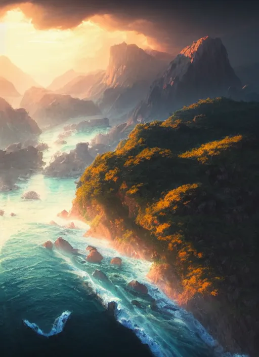 Image similar to nature landscape, aerial view, drone photography, cinematic, mountains and ocean, cinematic view, epic sky, detailed, concept art, high detail, warm lighting, volumetric, godrays, vivid, beautiful, trending on artstation, by jordan grimmer, art greg rutkowski