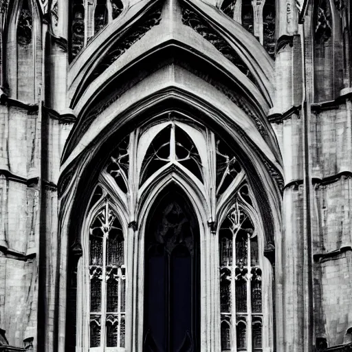 Image similar to architectural shot, no decaying lines, alabaster gothic cathedral, black opal skin, gothic girl dressed in black with macro head face