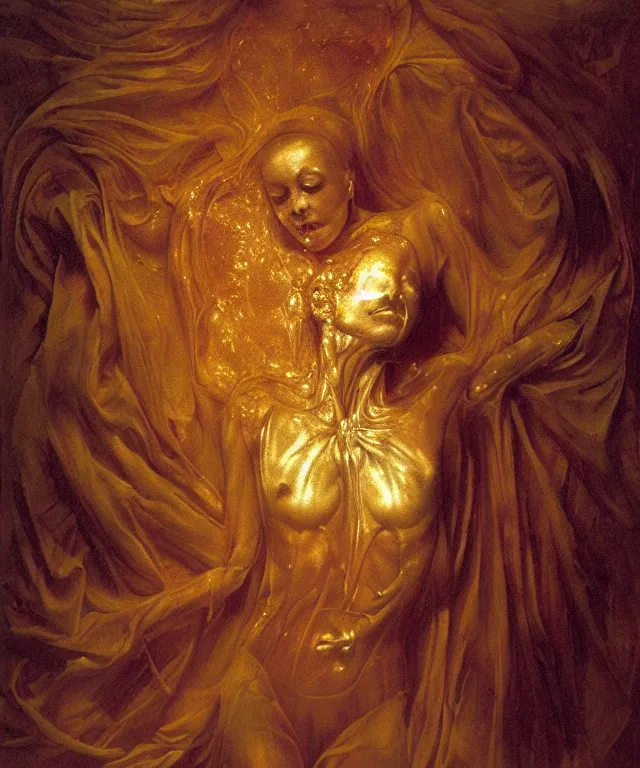 Image similar to Beautiful full-body wax sculpture of glowing transparent woman with visible golden bones covered with melted white candle wax inside the singularity where stars becoming baroque folds of dark matter by Michelangelo da Caravaggio, Nicola Samori, William Blake, Alex Grey and Beksinski, dramatic volumetric lighting, highly detailed oil painting, 8k, masterpiece