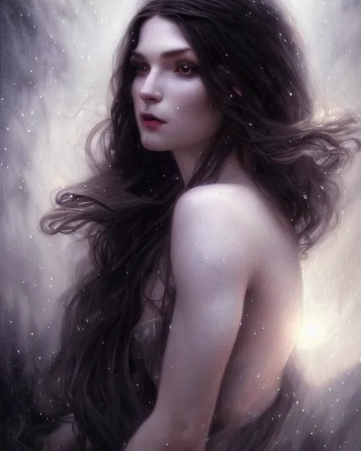 Image similar to realistic portrait of a beautiful white witch, dark night, beautiful, heroic pose, beautiful face, magic, dark magic, dramatic lighting, intricate, wild, highly detailed, digital painting, artstation, concept art, smooth, sharp focus, illustration, art by artgerm and greg rutkowski and alphonse mucha, footage from space camera