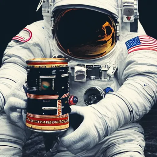 Image similar to an astronaut mid-space holding a beer can and a vintage camera