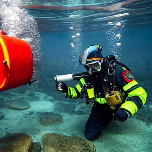 Prompt: fireman underwater putting out a fire