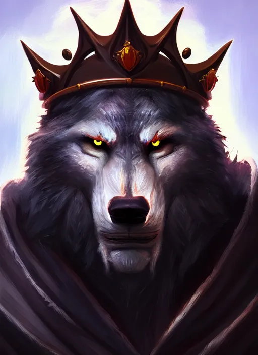 Image similar to portrait painting of werewolf king with crown, acrylic, daz. detailed, portrait, oil painting, artstation, unreal 5, hd, artgerm, dnd, rpg